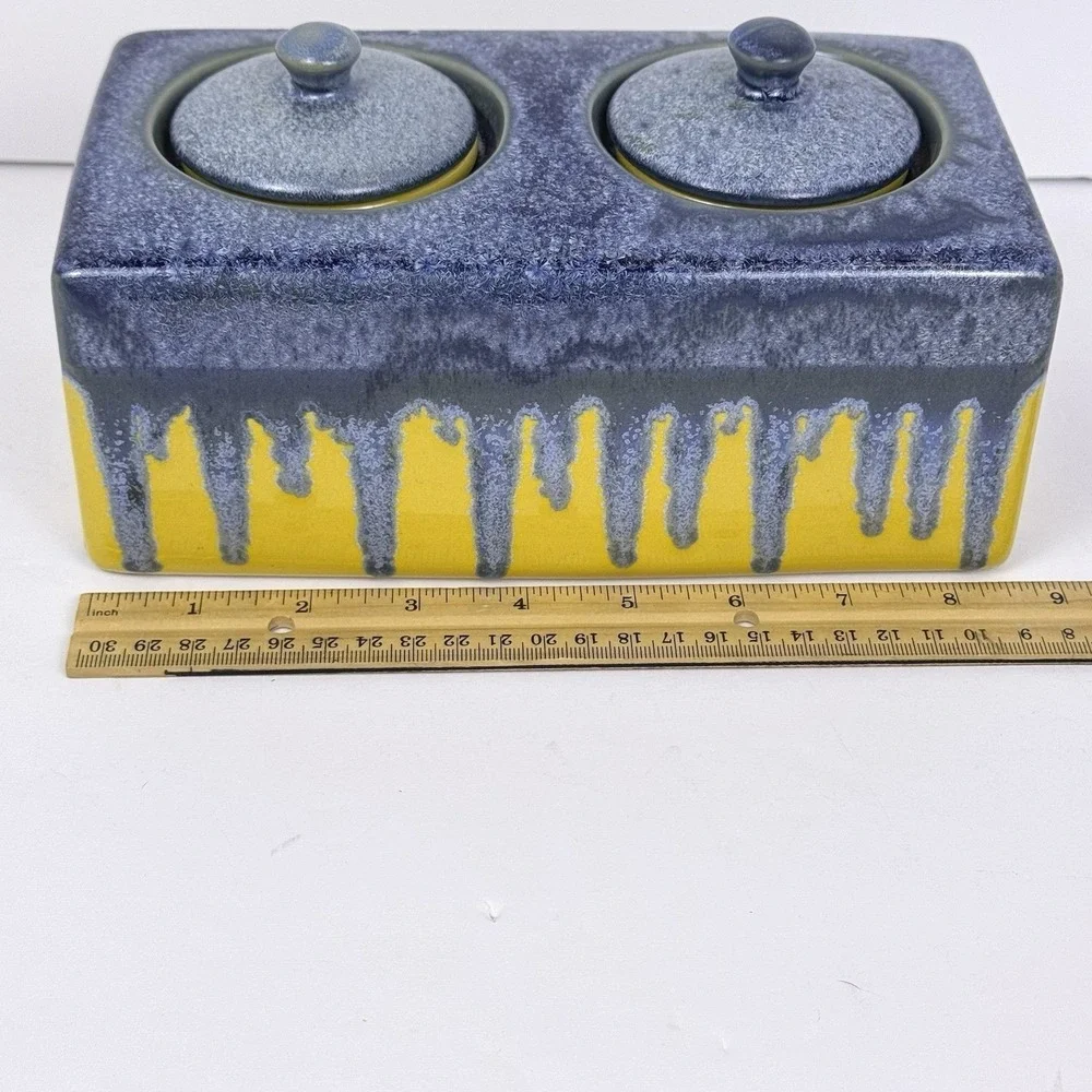 Ceramic Vanity Organizer Sink Caddy Lidded Jars Blue Drip Glaze on Yellow